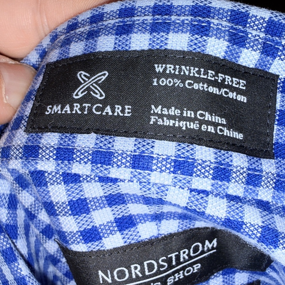 Nordstrom Men's Blue Gingham Button Down Shirt 17 1/2 35 - EUC - Picture 9 of 10